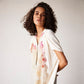 kaftan style cotton muslin dress with floral watercolour art print on white base
