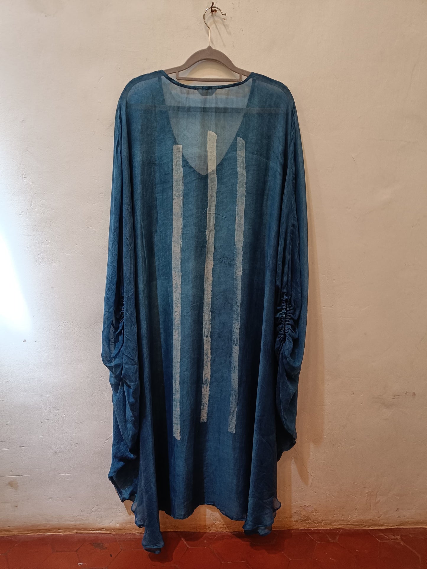 Indigo Balloon Sleeve Silk Dress