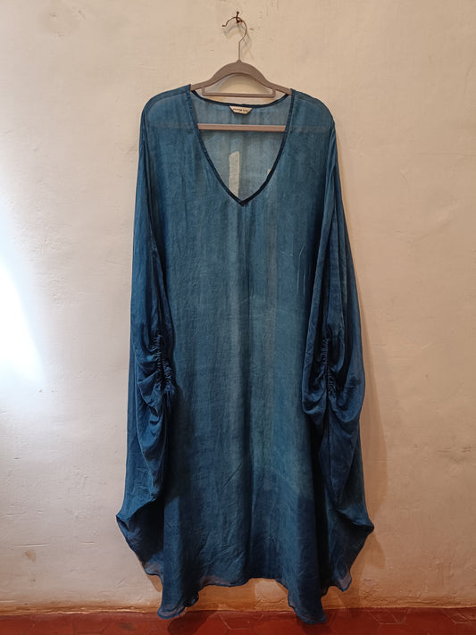 Indigo Balloon Sleeve Silk Dress