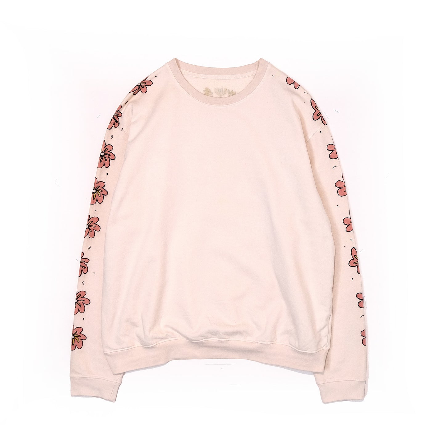 Ecru coloured organic cotton crew neck with handpained flowers on the sleeves