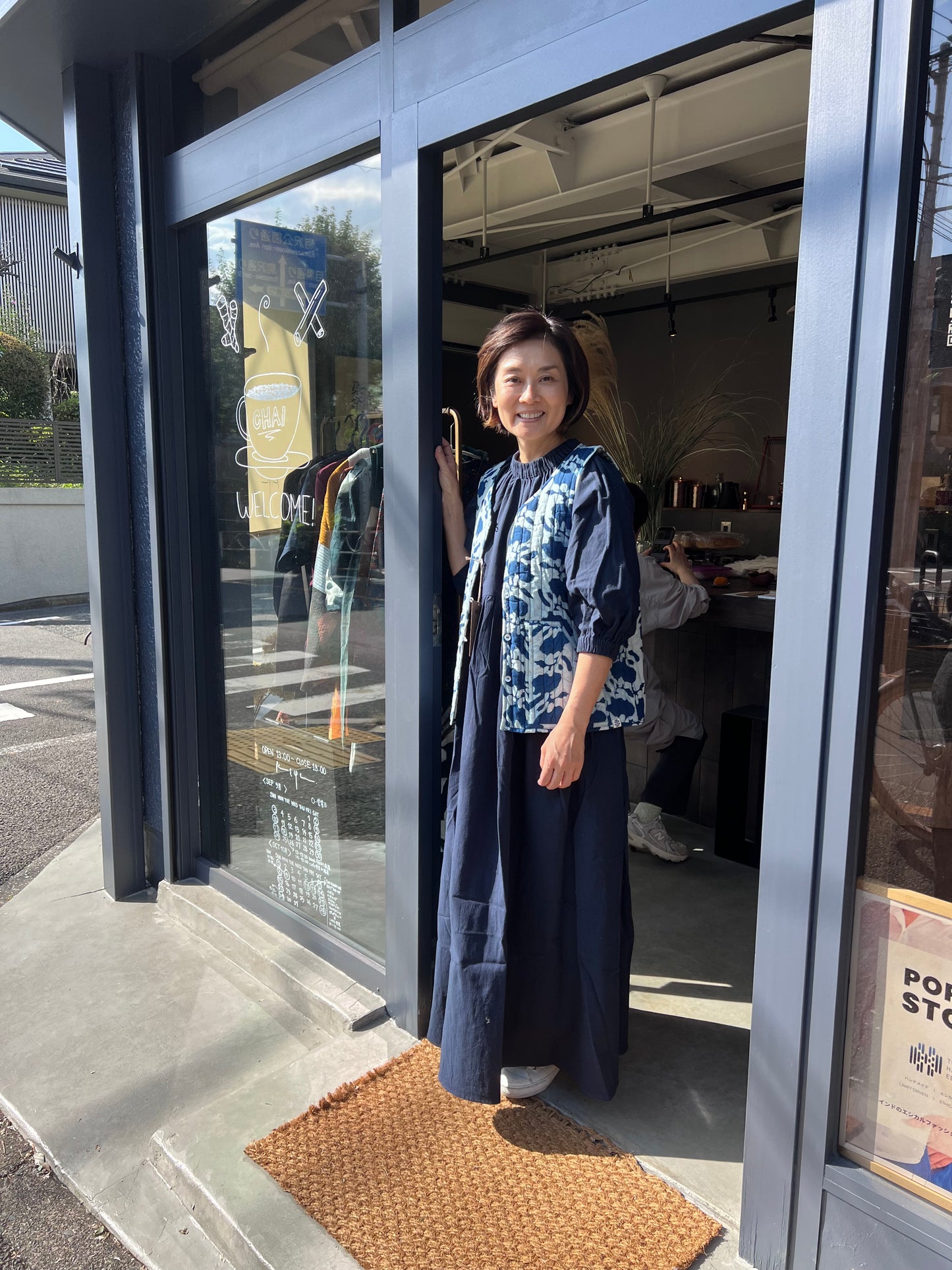 reversible quilted jacket in blue handblock print and shibori 