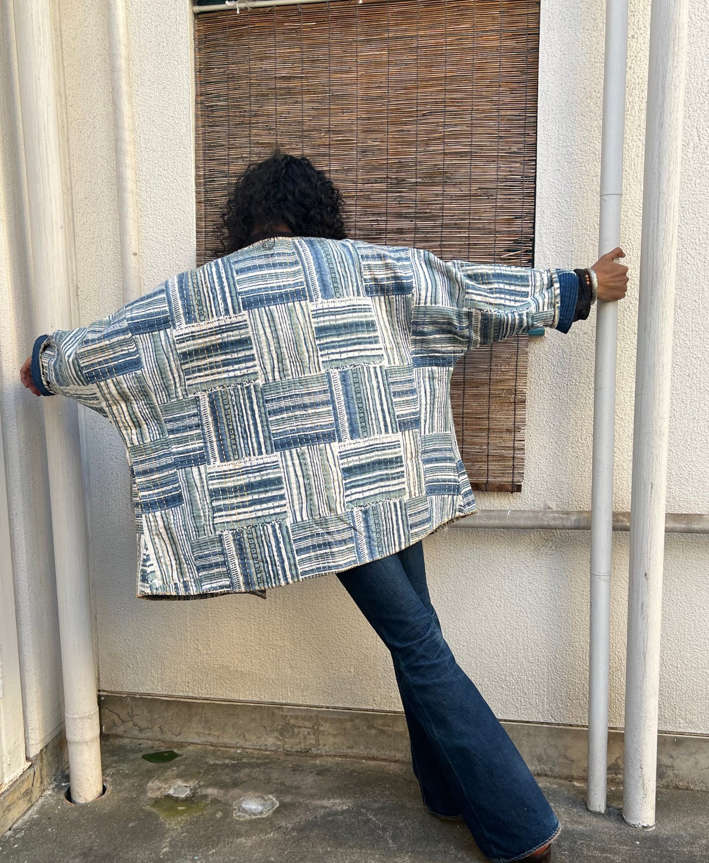 Free Falling Kantha Handblock Print Khadi Jacket Blue