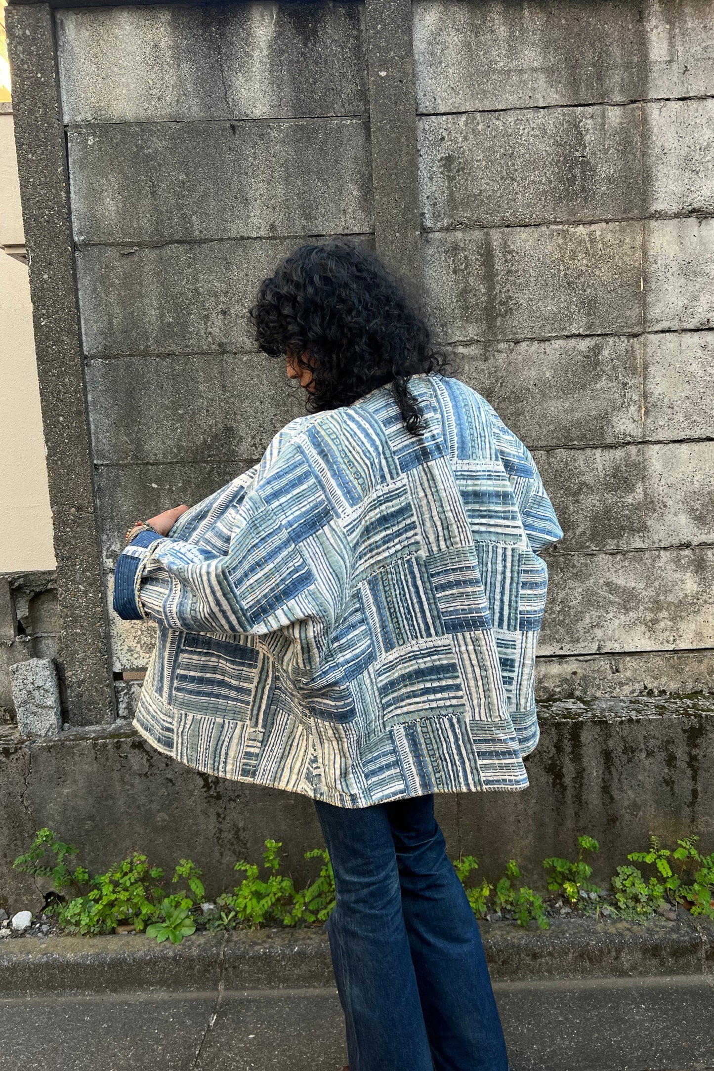 Free Falling Kantha Handblock Print Khadi Jacket Blue