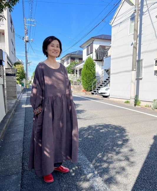 Linen winter dress - brown