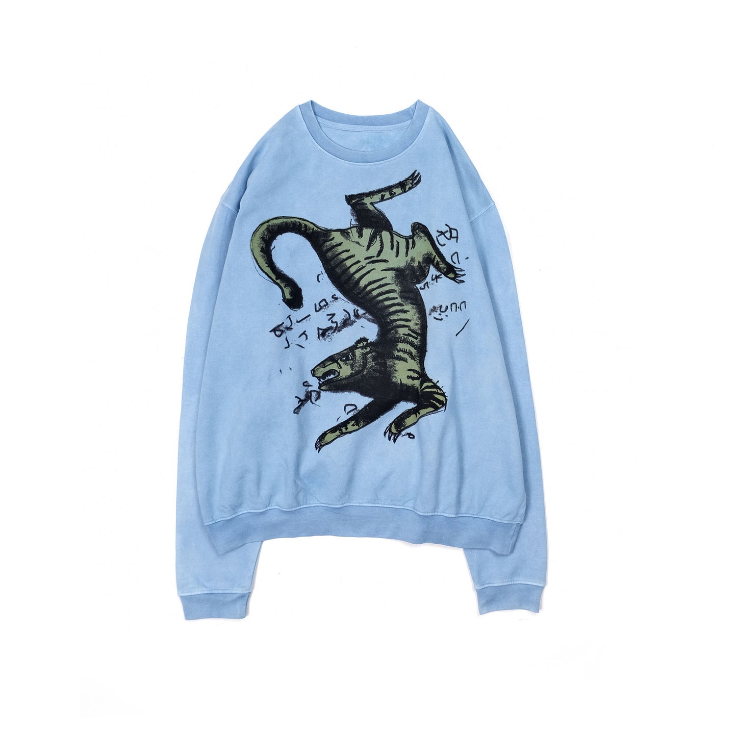 A light indigo coloured organic crew neck with handpainted design on the front 