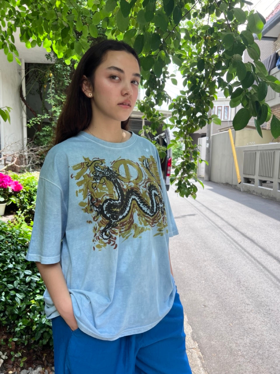 Japan exclusive: dragon print organic ice indigo relax fit t-shirt