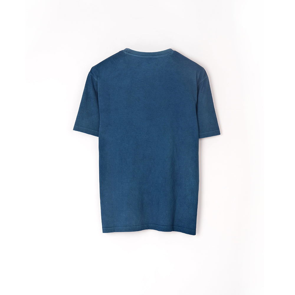 Organic cotton t-shirt in medium indigo blue colour dyed using organic indigo vat