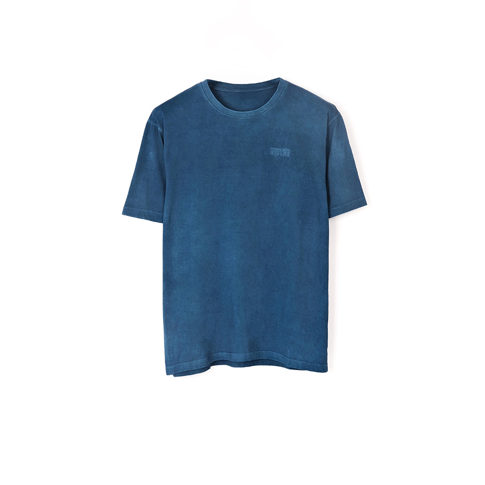 Organic cotton t-shirt in medium indigo blue colour dyed using organic indigo vat