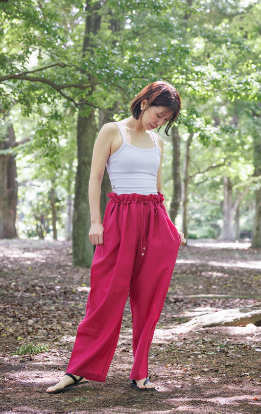 bright pink paper bag style drawstring relax fit summer pants 