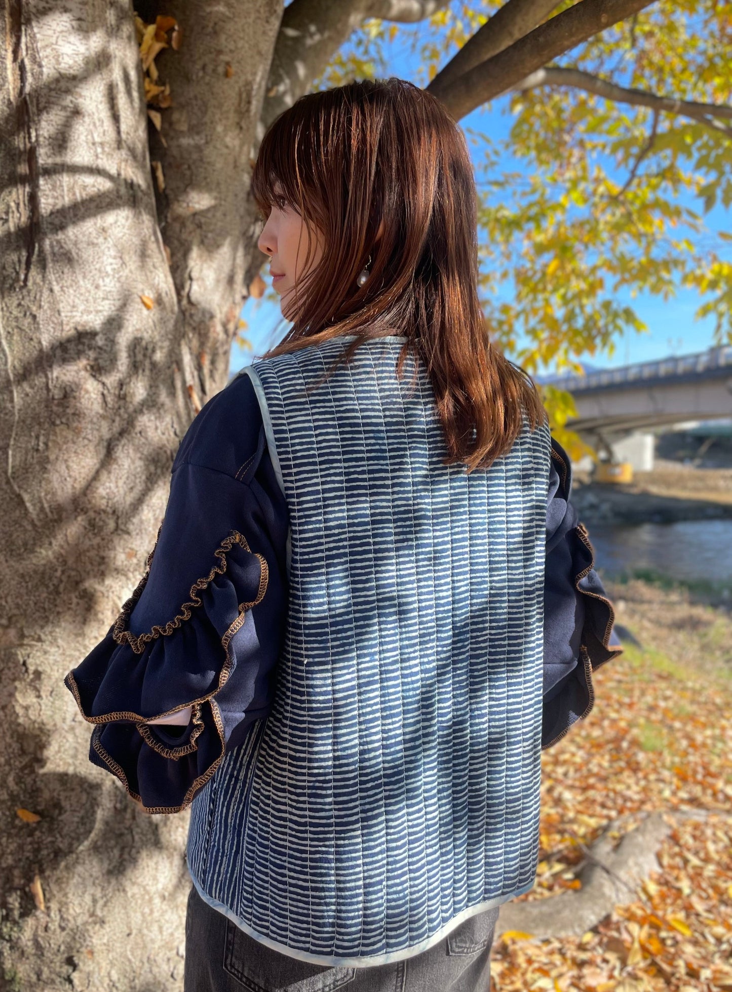 Blue reversible shibori and hand block print quilted vest