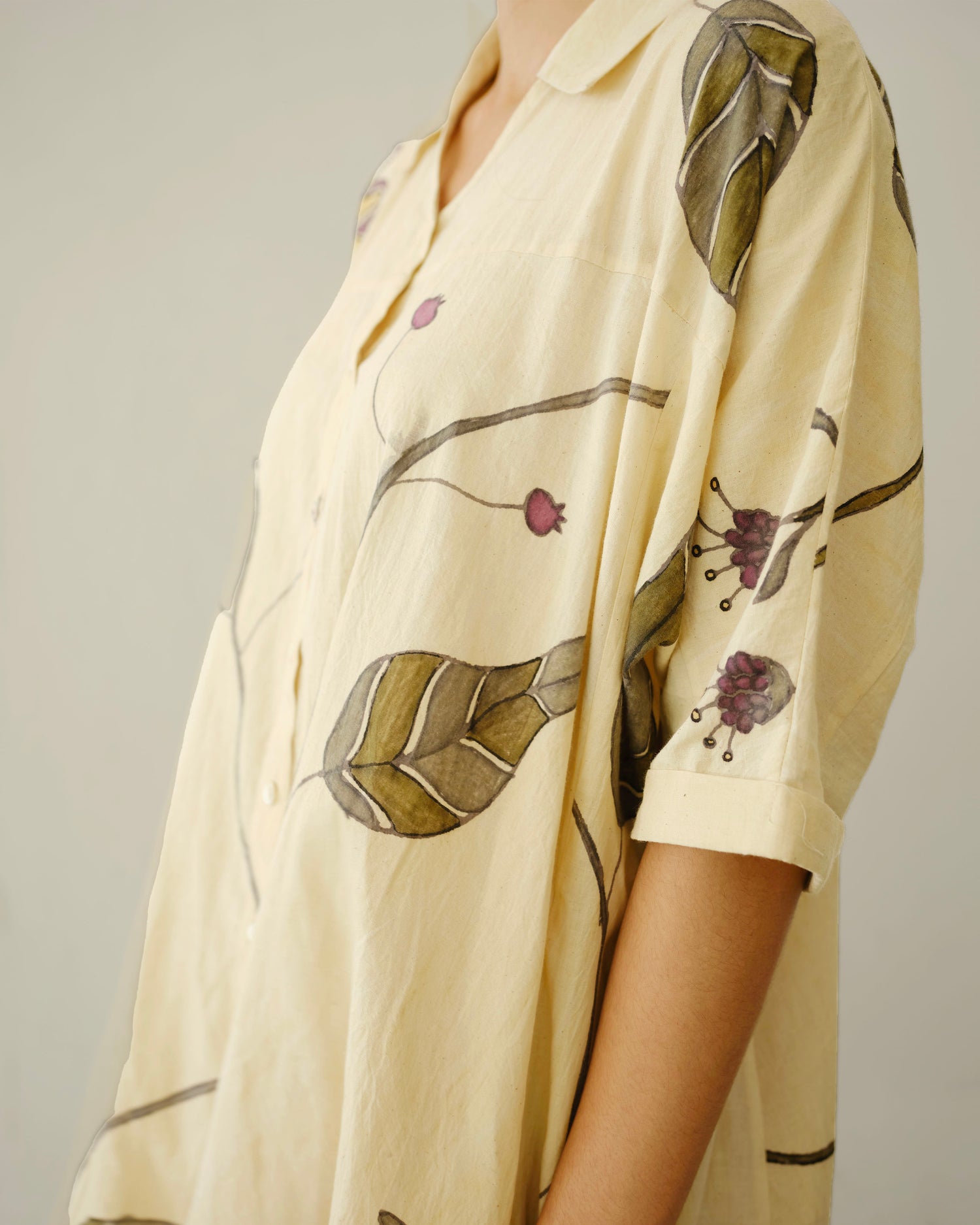 bold floral handpainted off white oversized shirt dress