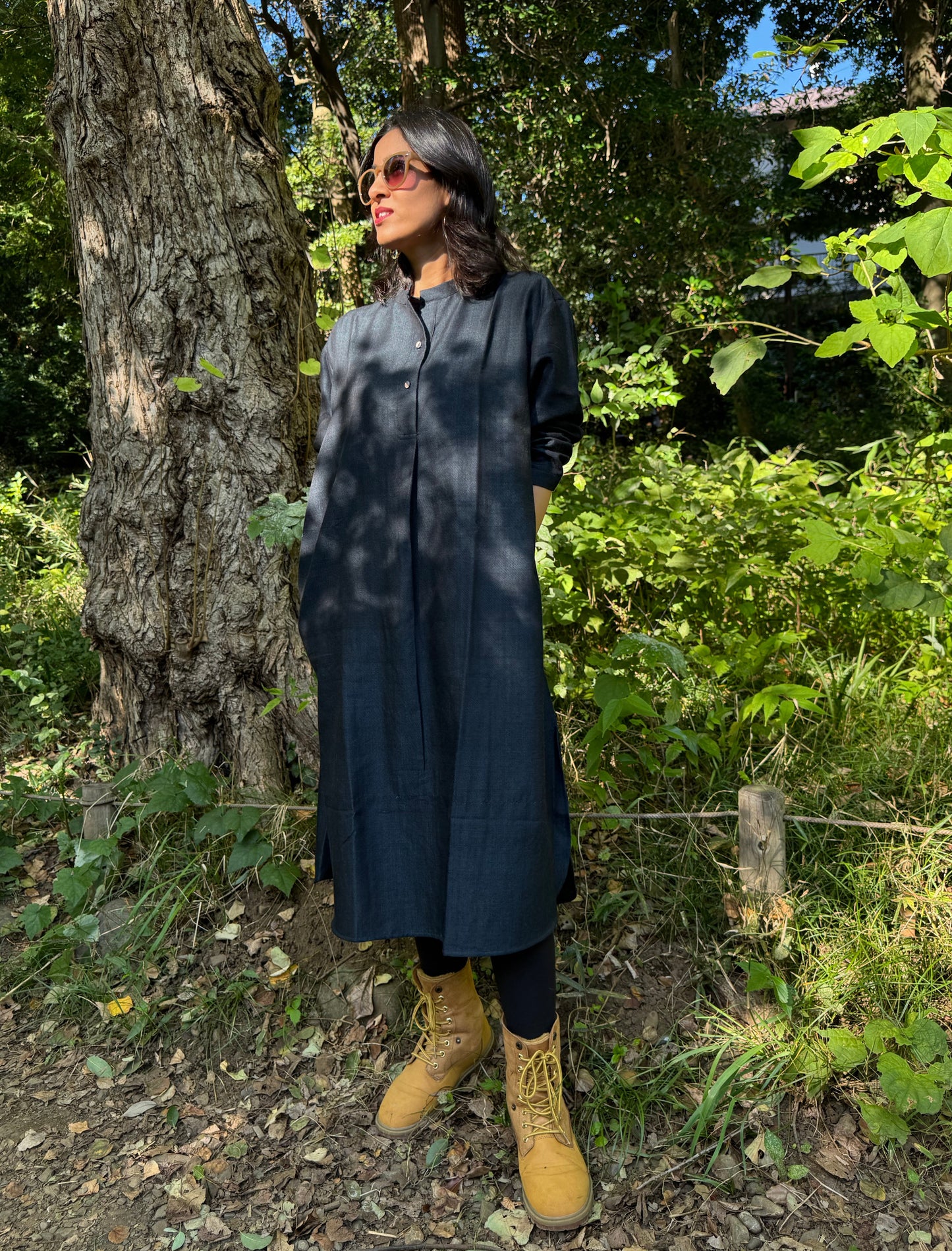 Deep blue handwoven wool cotton mix shirt dress